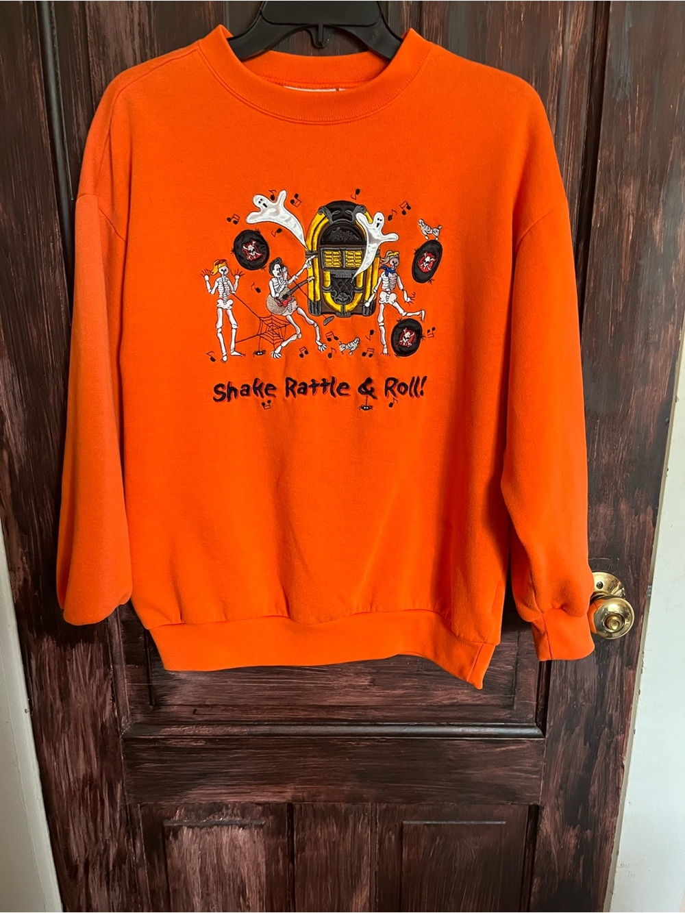 Basic Editions Orange Halloween Graphic 'Shake Rattle & Roll' Crewneck Sweater